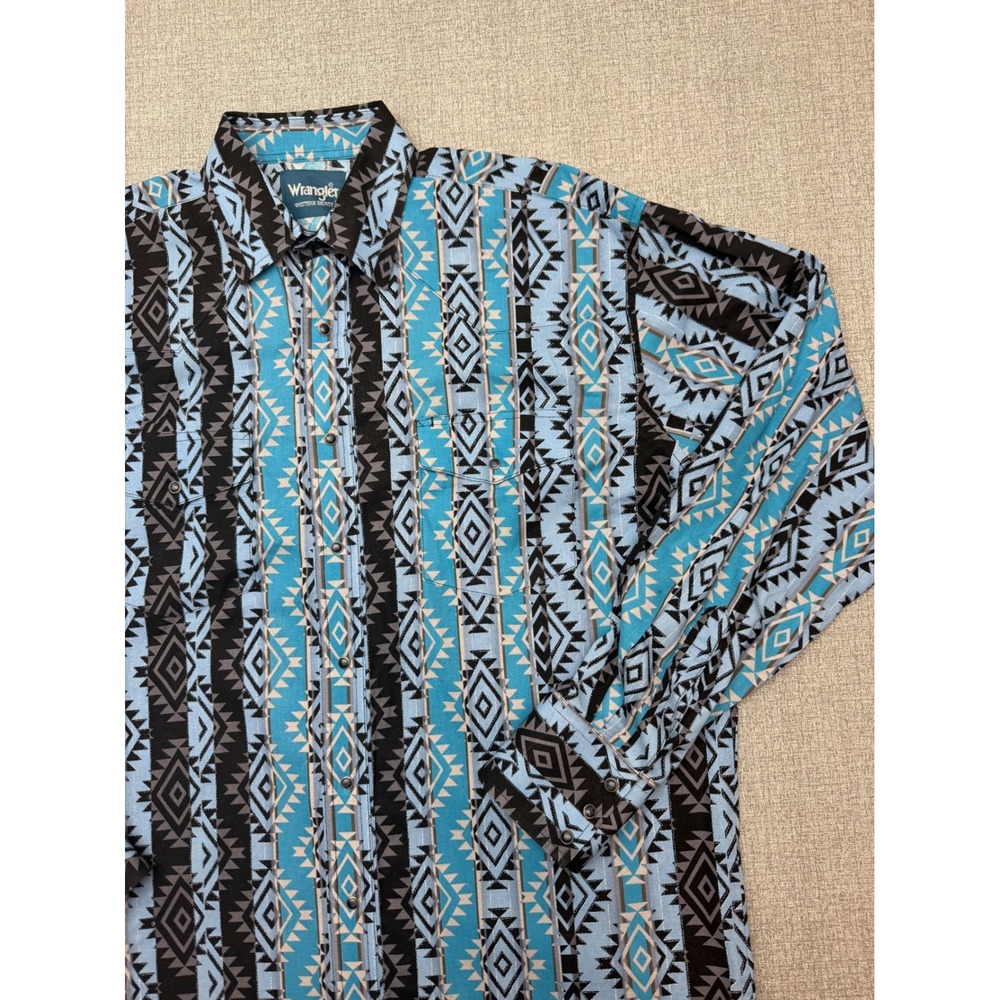 Wrangler Western Shirt Mens Large Tall LT Blue Southwestern Aztec Pearl Snap 80s